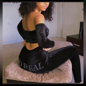 So Real So Bling Black Off the Shoulder Crop Top and Pant Velour Y2K Set